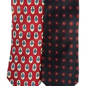 Lands' End Men's Ties Set Of Two 100% Silk Neck‎ Ties Red Navy Leaf Dot Pattern